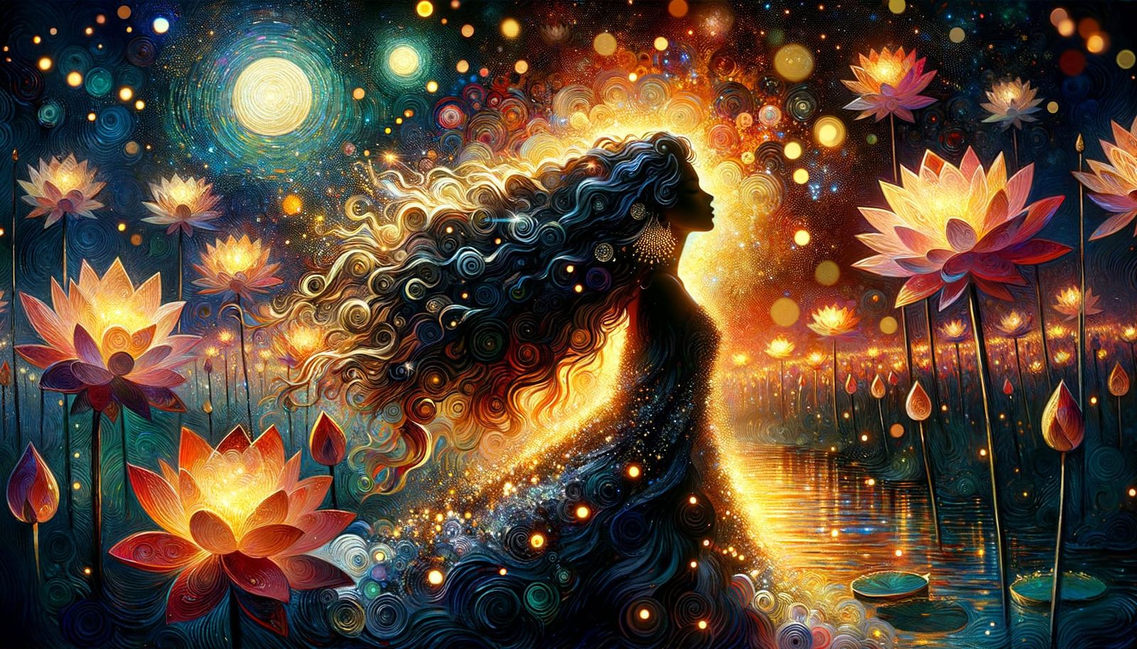 Luminescent Lotus Flowers and Silhouetted Woman in Moonlight