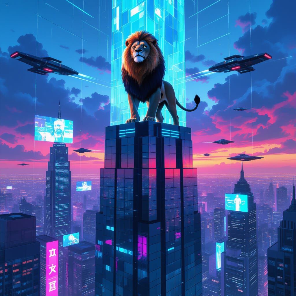 Lion on Skyscraper in Digital Painting Style