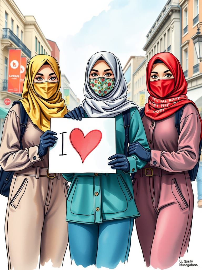 Beautiful Hijab Women in City, Watercolor Painting
