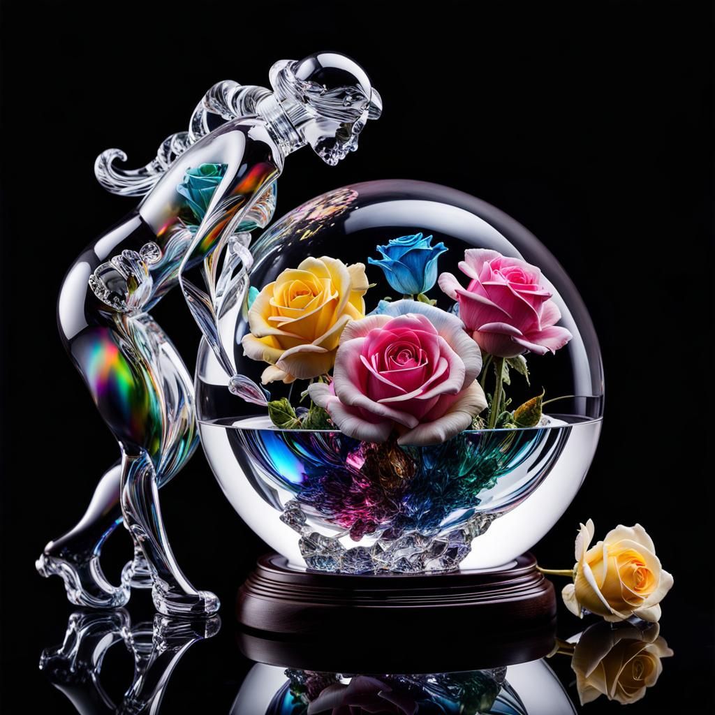 Disintegrating Glass Globe with Rainbow Roses
