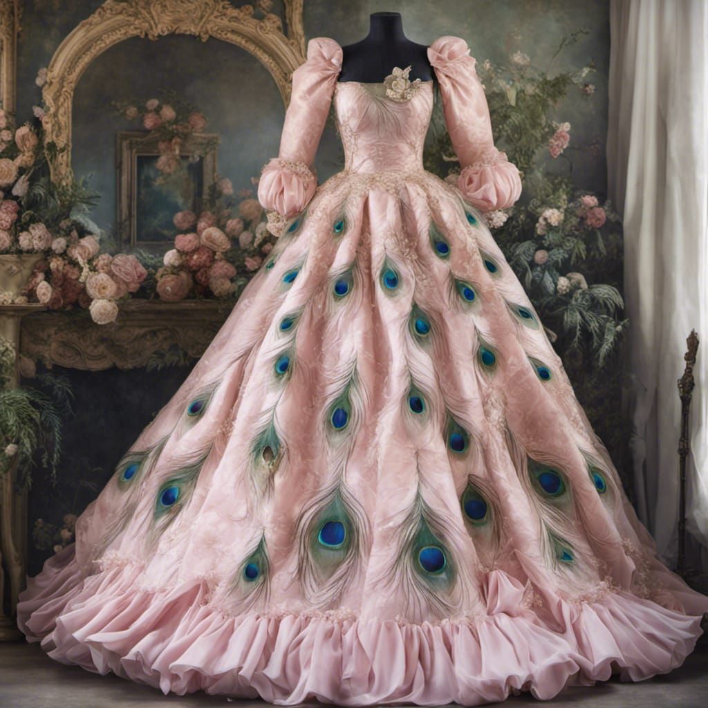 Rococo Peacock Feather Princess Dress on Form