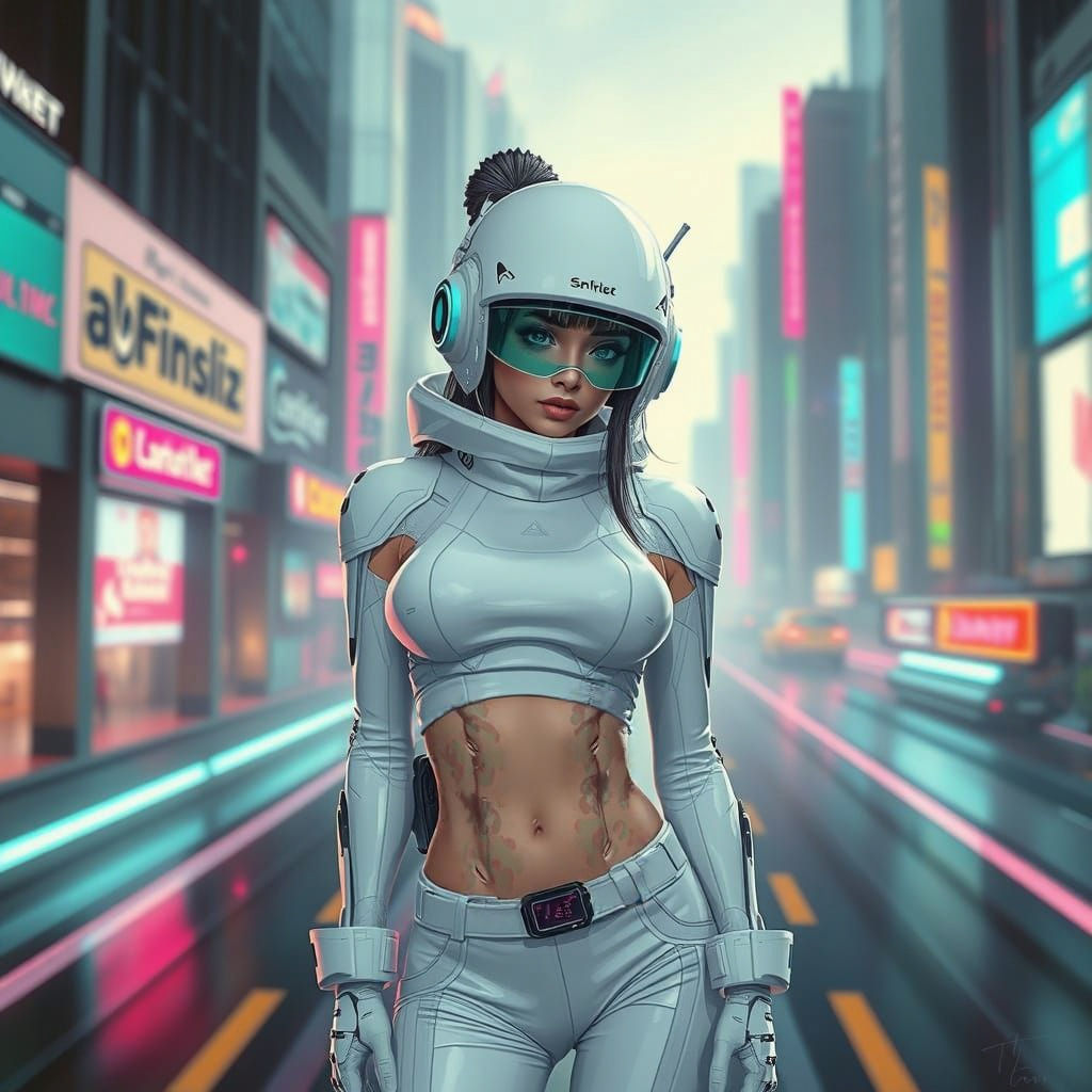 Android Girl in White: Cyberpunk Cityscape