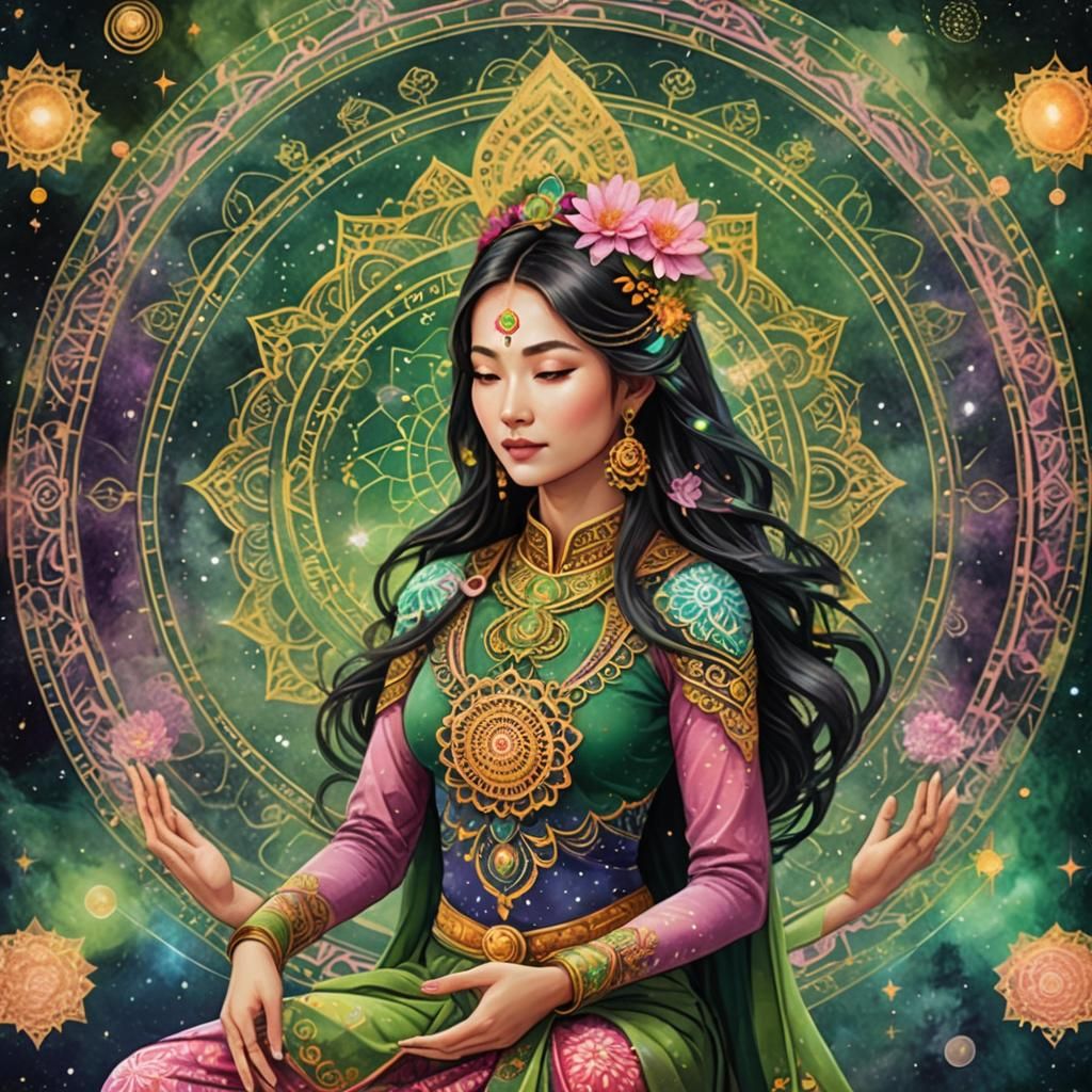 Cosmic Mandala: Asian Woman in Yogic Trance
