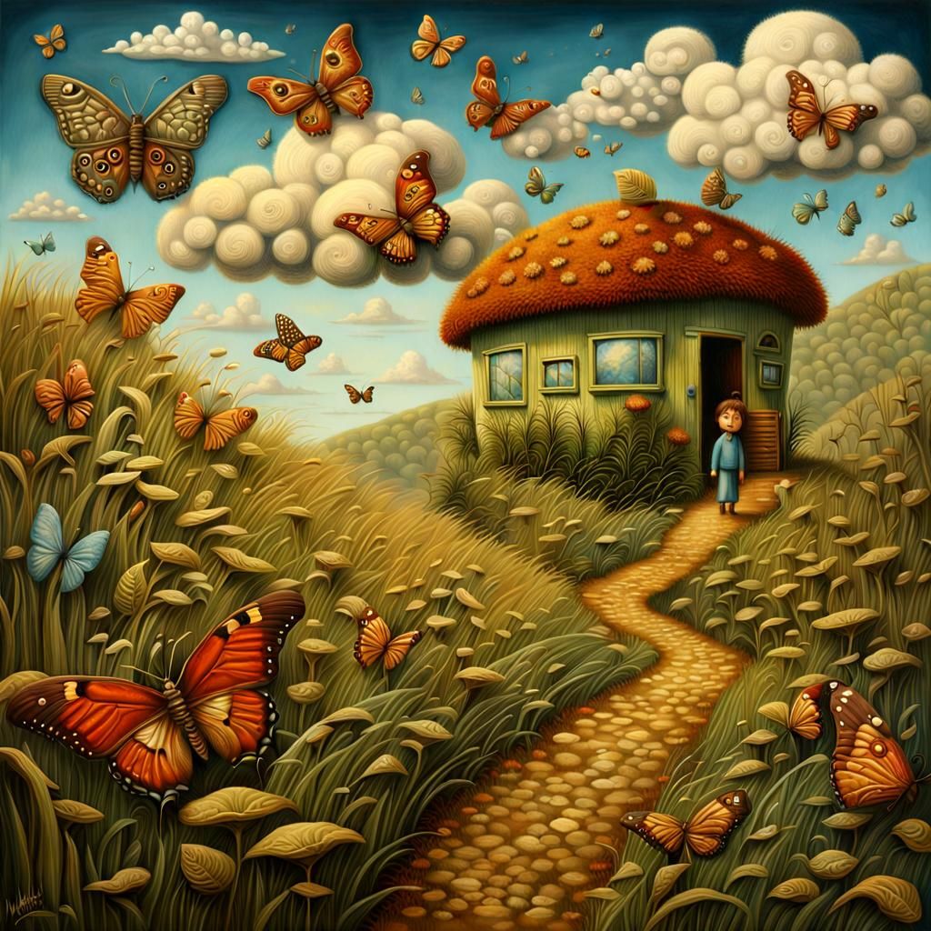 Surreal Whimsical Landscape with Butterflies and Clouds