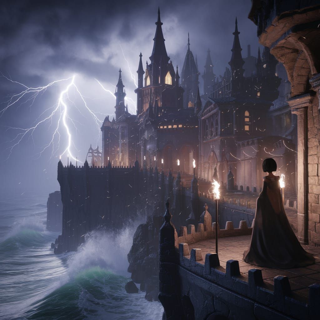Gothic Anime Castle Amidst Stormy Seas