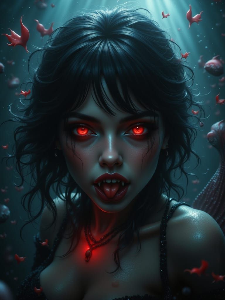 Vampire Mermaid with Red Eyes and Fangs