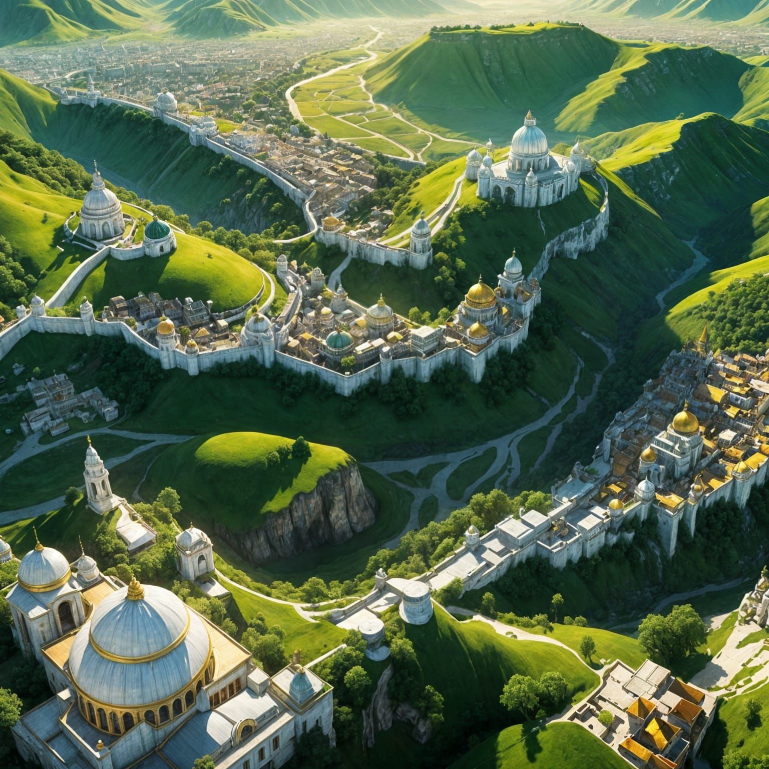 White Stone City with Gold Domes in Green Valley