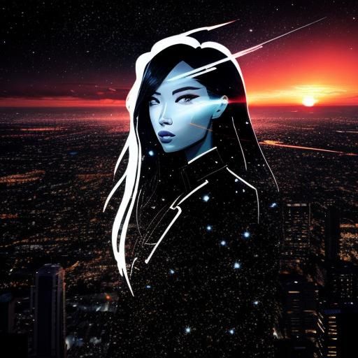 Woman in City Sunset with Galaxy Double Exposure