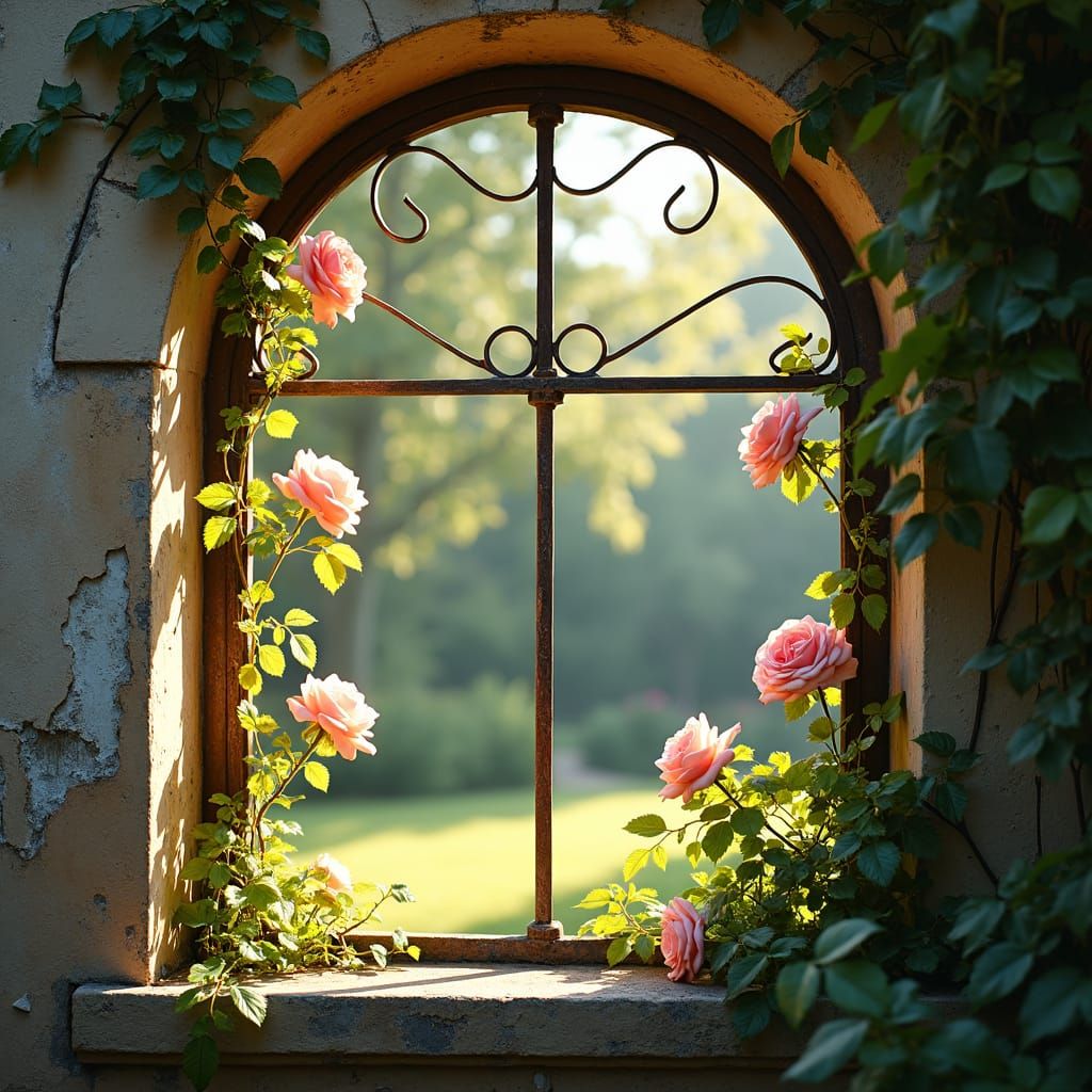 Sunlit Arched Window with Roses and Vines