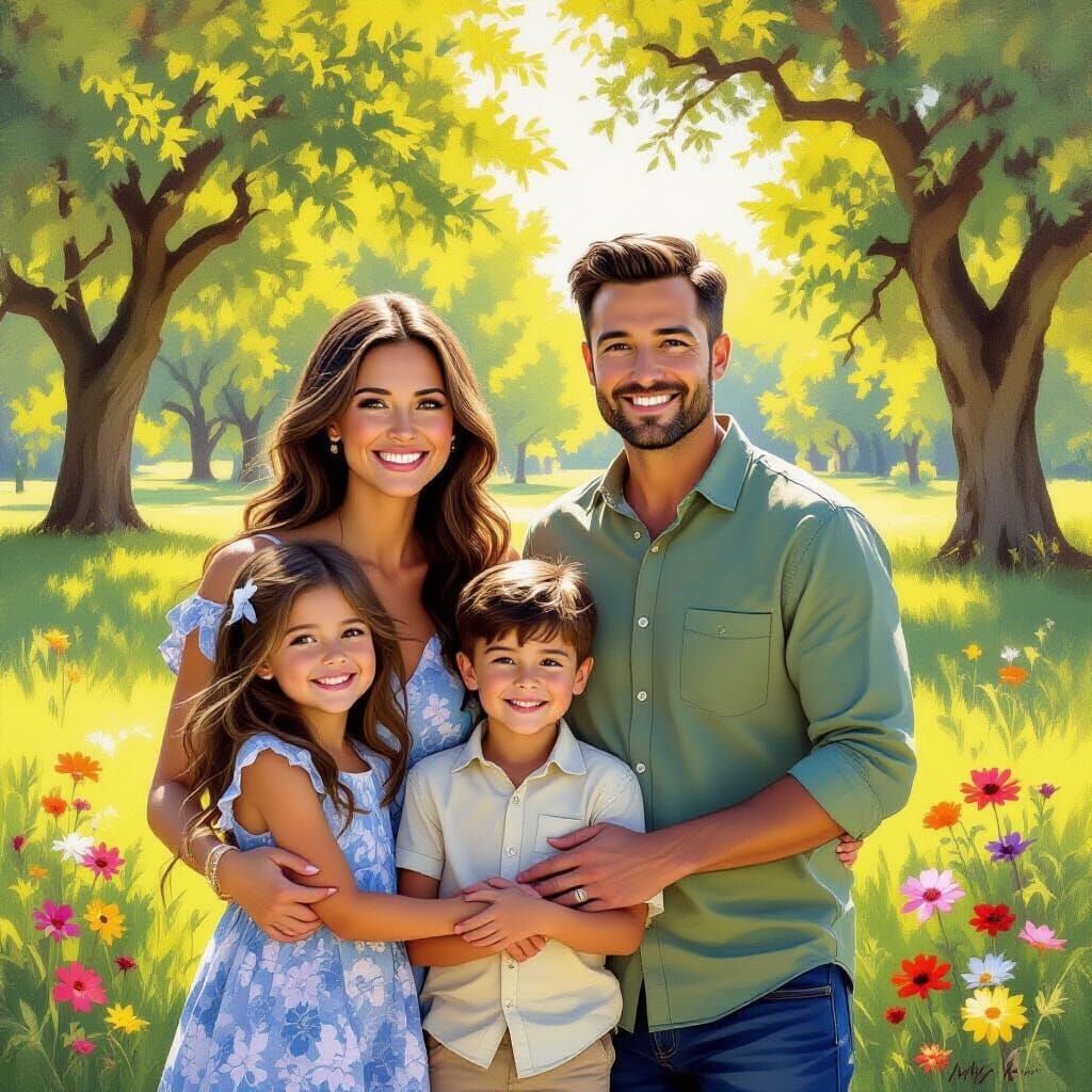 Happy Family in Sunny Park - Impressionistic Oil Painting