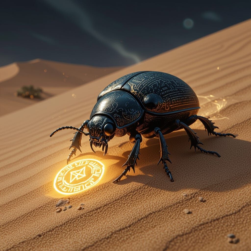 Clockwork Scarab Beetle Pushing Rune in Desert