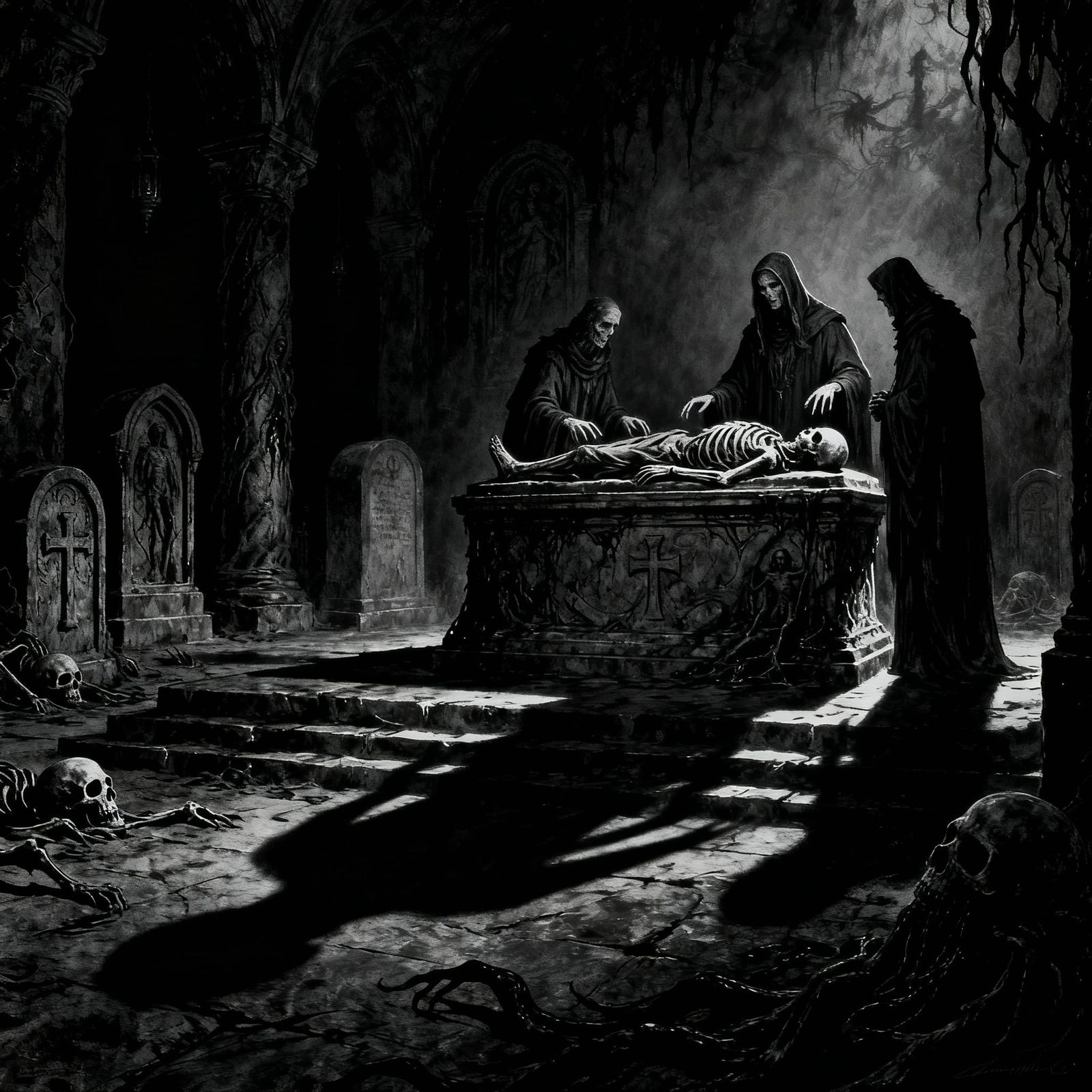 Macabre Crypt Scene: Last Rites in Dark Fantasy Style