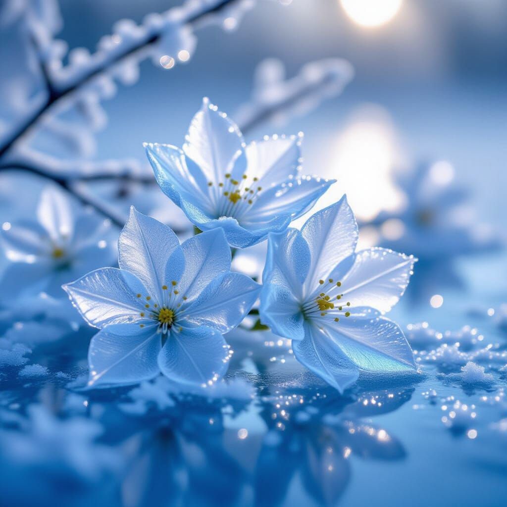 Crystalline Flowers Bloom on Frozen Lake in Soft Morning Lig...