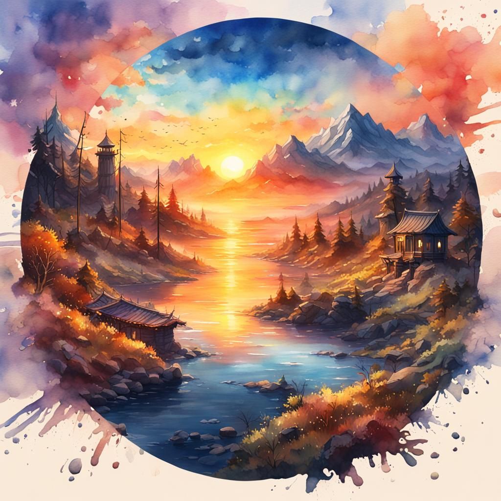 A watercolor painting of a beautiful sunrise 🌄