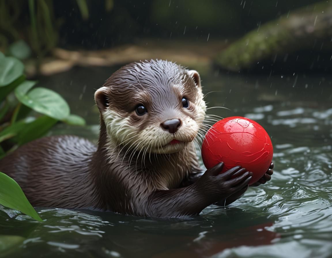 Otter Pup's Playtime: A Hyperrealistic River Scene