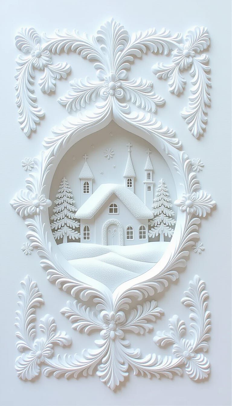White Nativity Scene with Ornate Borders