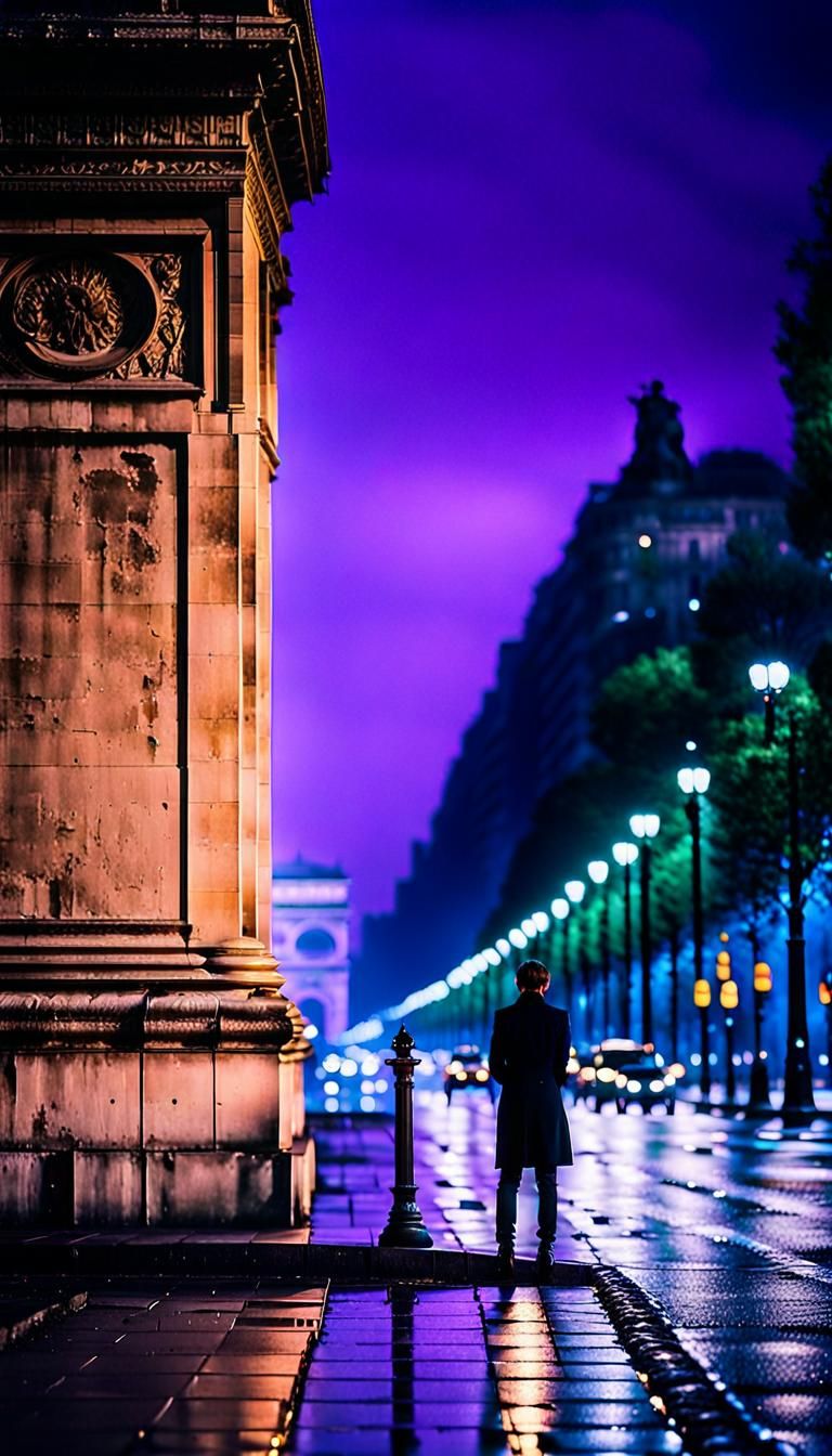 Neo-Noir Cityscape with Solitary Figure at Night
