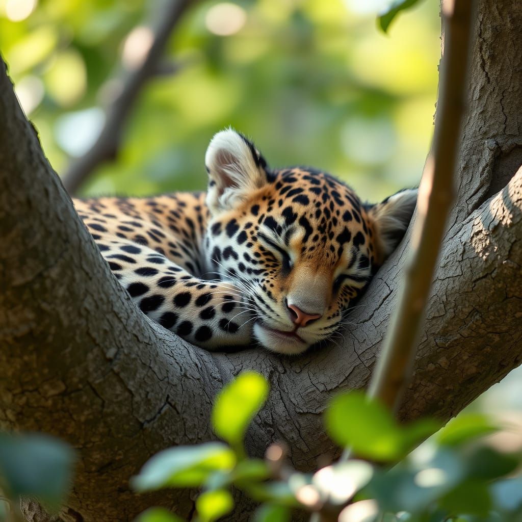 Wildlife in a Tree: A Baby Jaguar's Serene Slumber
