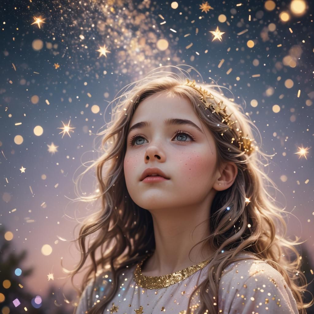 Girl Gazing at Stars in Magical Realism Style