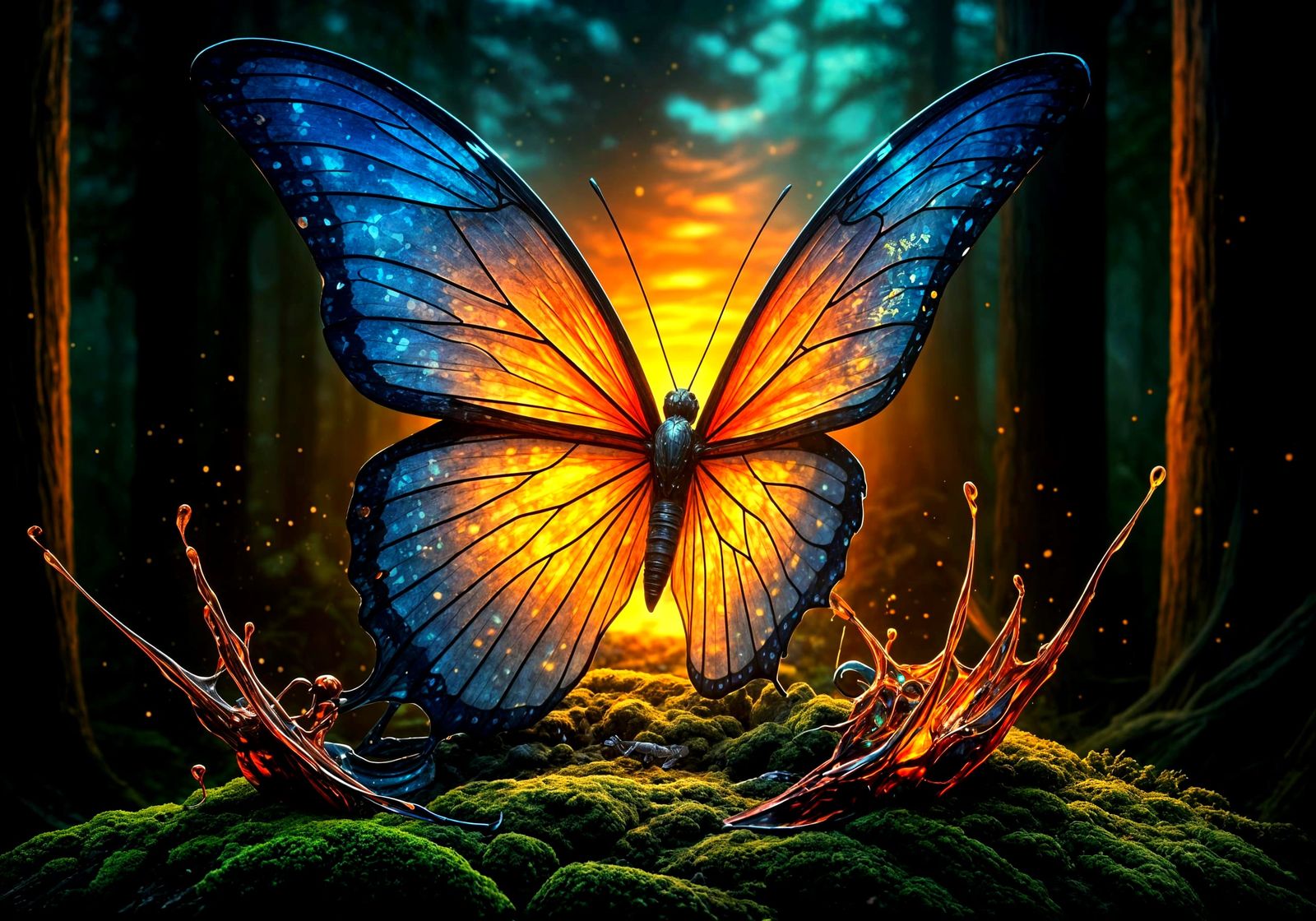 Surreal Sunset Butterfly in Vibrant Stained-Glass Style