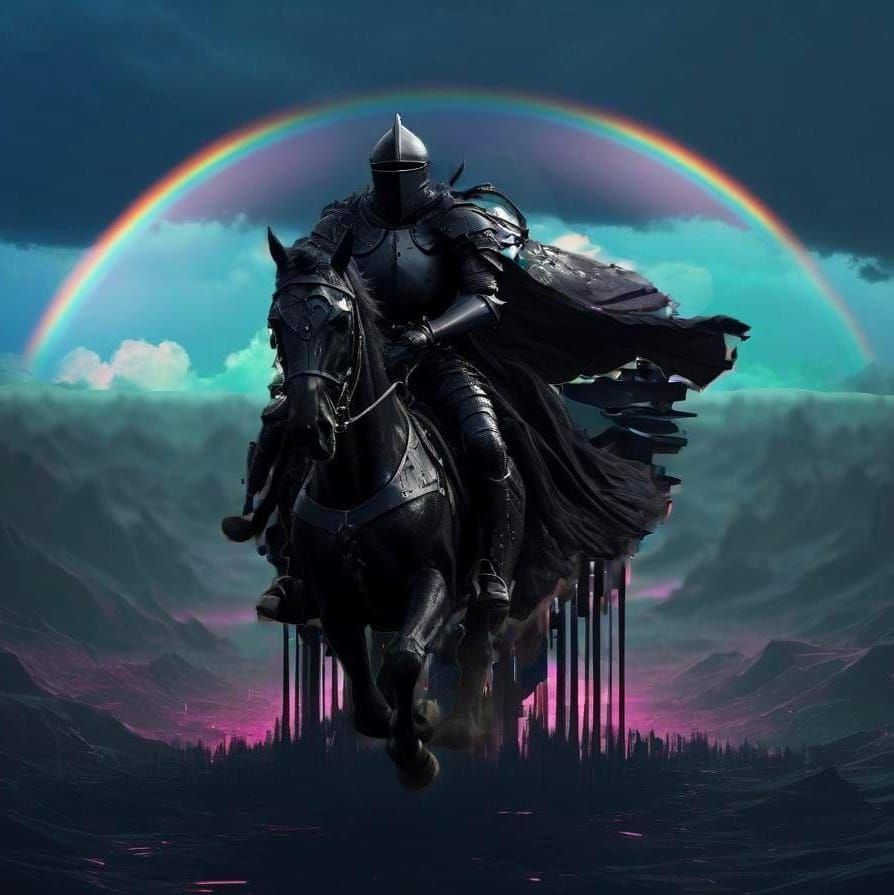 Black Knight Rides Across Field in Synth-Wave Style