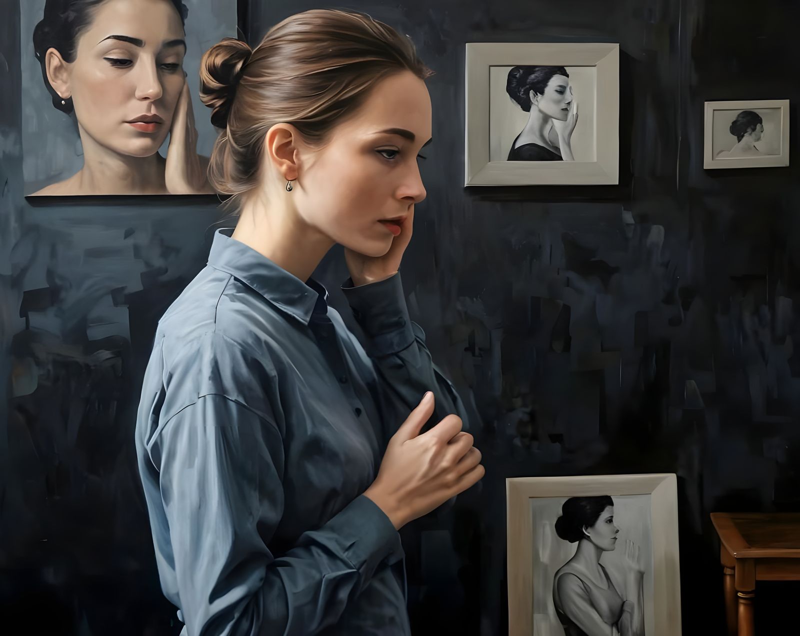 Woman in Black and White Room as Oil Painting