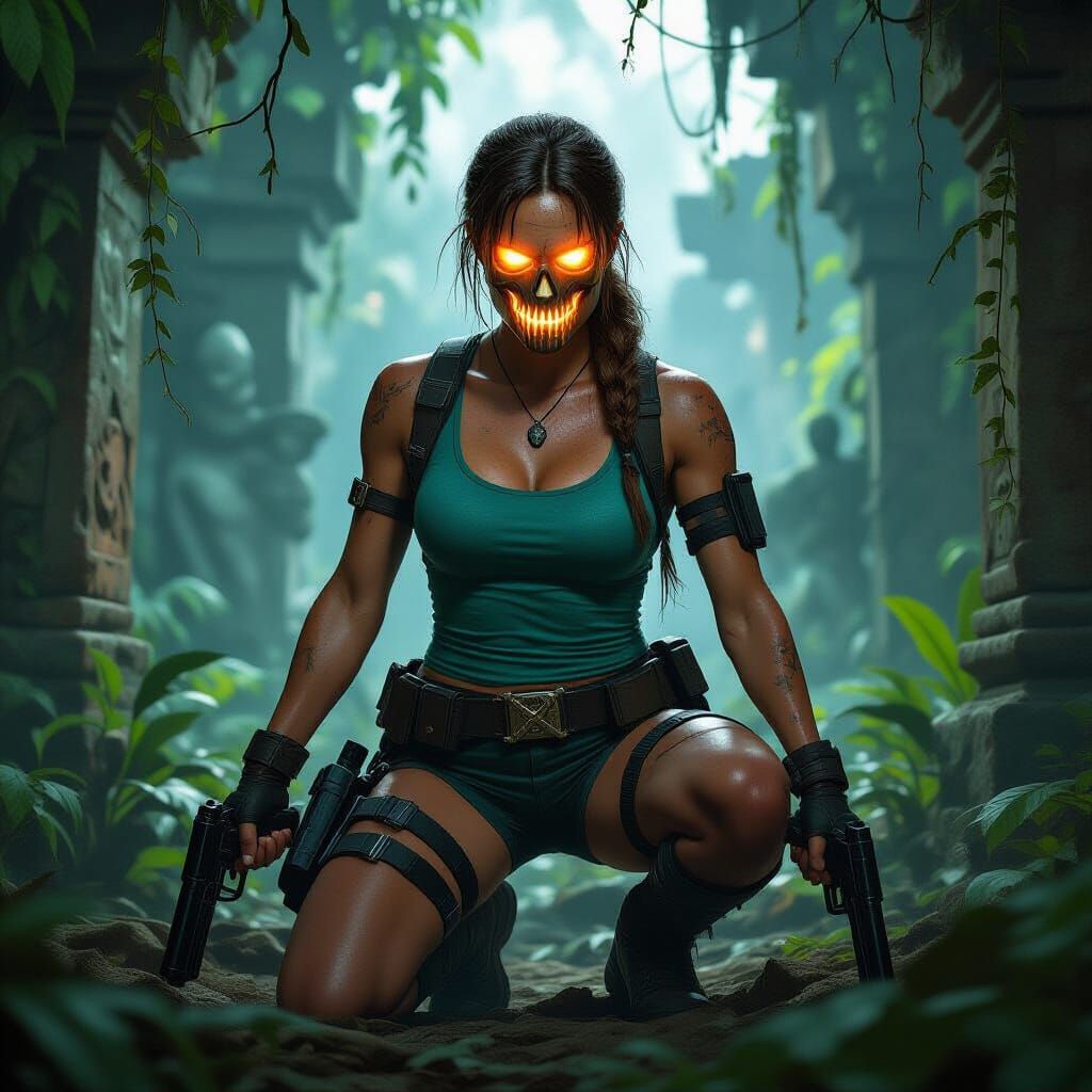 Jungle Adventurer with Fiery Skull, Cinematic Lighting