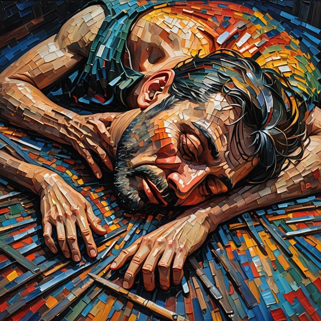 Exhausted Sleeper on Nails: Neo-Impressionist Oil Painting