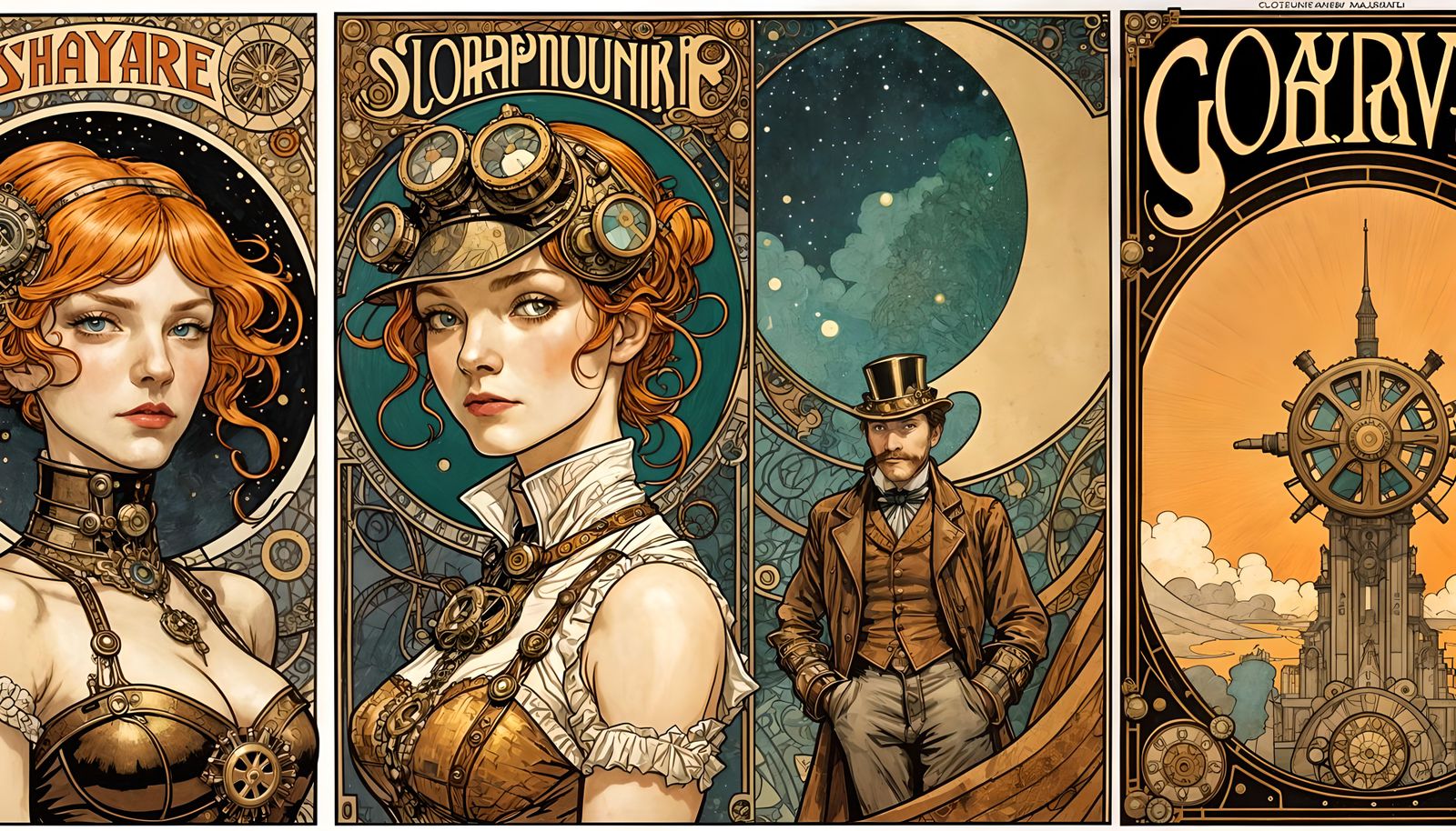 Steampunk Comic Book Cover Art in Mucha Style