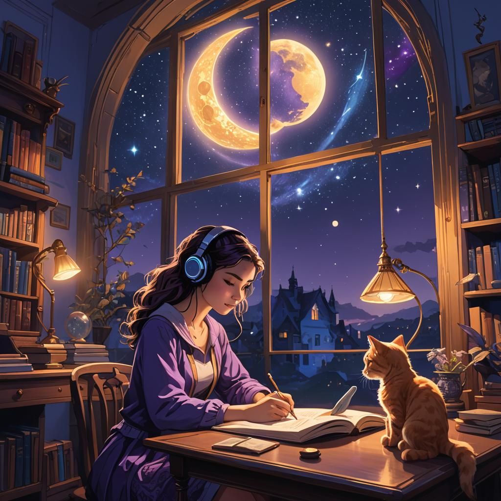 Lofi Girl Studying at Night: Fantasy Concept Art