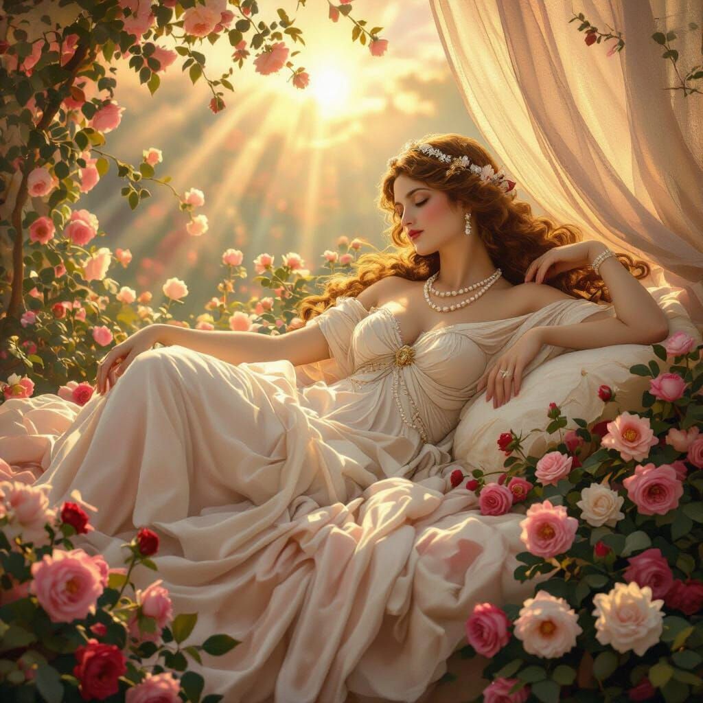 Aphrodite Reclining in a Rose Garden, Pre-Raphaelite Style