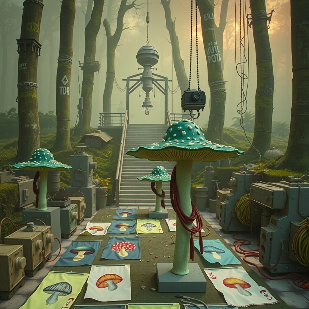 Surreal Giant Mushrooms with Brutalist Elements