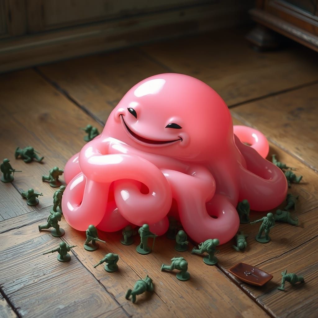 Playful Pink Blob Monster with Toy Soldiers