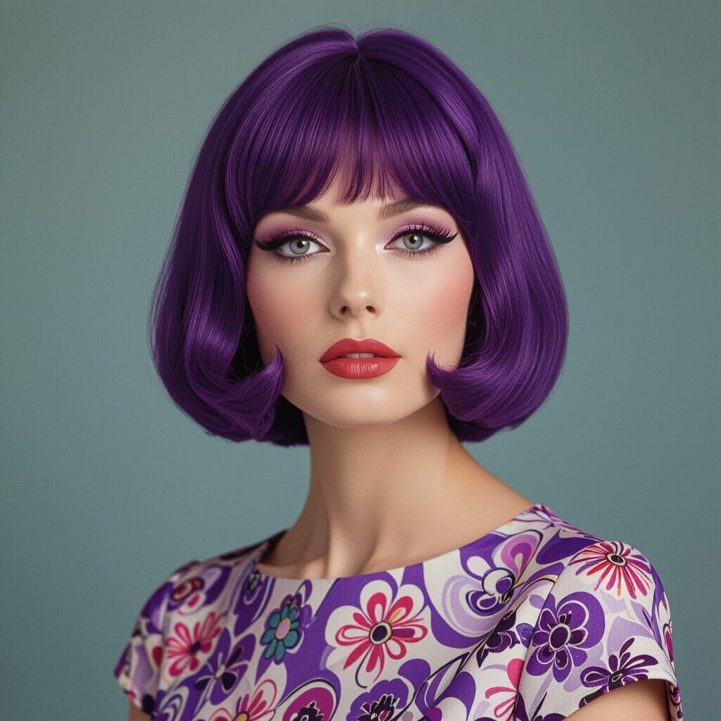 1960s Mod Woman Portrait with Purple Bob Hair