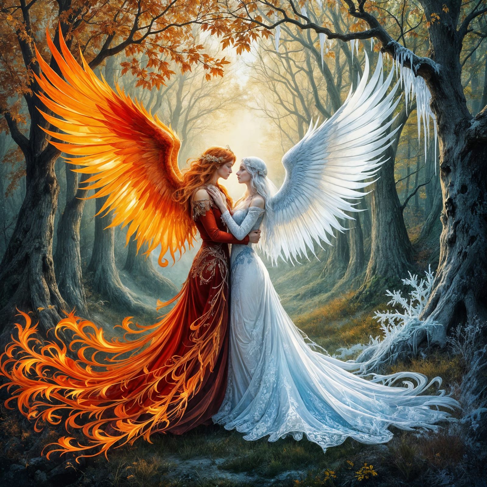Phoenix and Ice Maiden in Enchanted Forest Painting