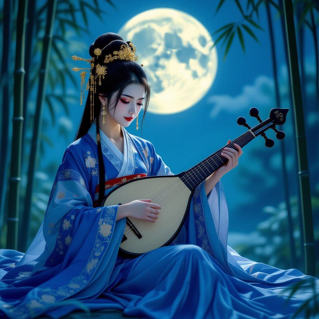 Asian Woman Playing Pipa in Bamboo Forest