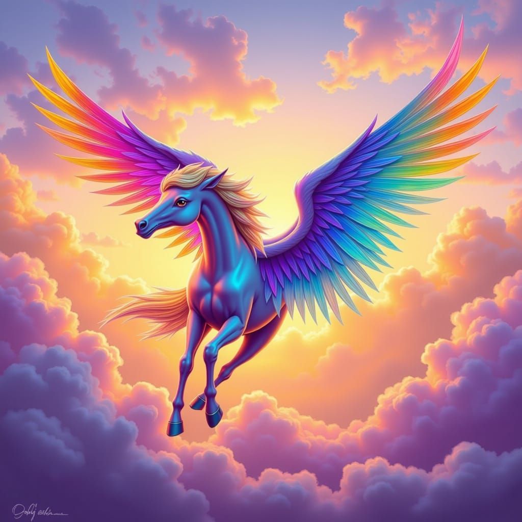 Rainbow Pegasus Soaring Through Sunrise Sky