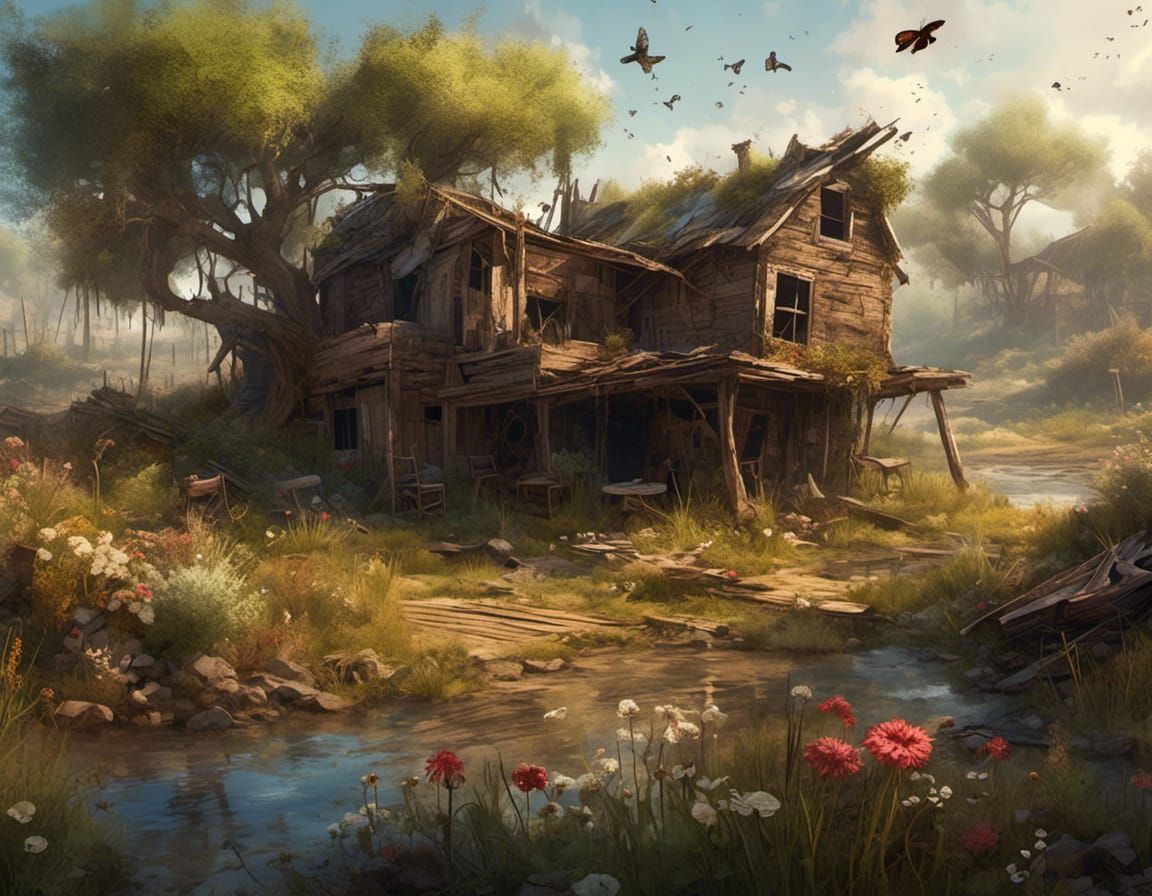 Post-Apocalyptic Summer Landscape with Withered Flowers