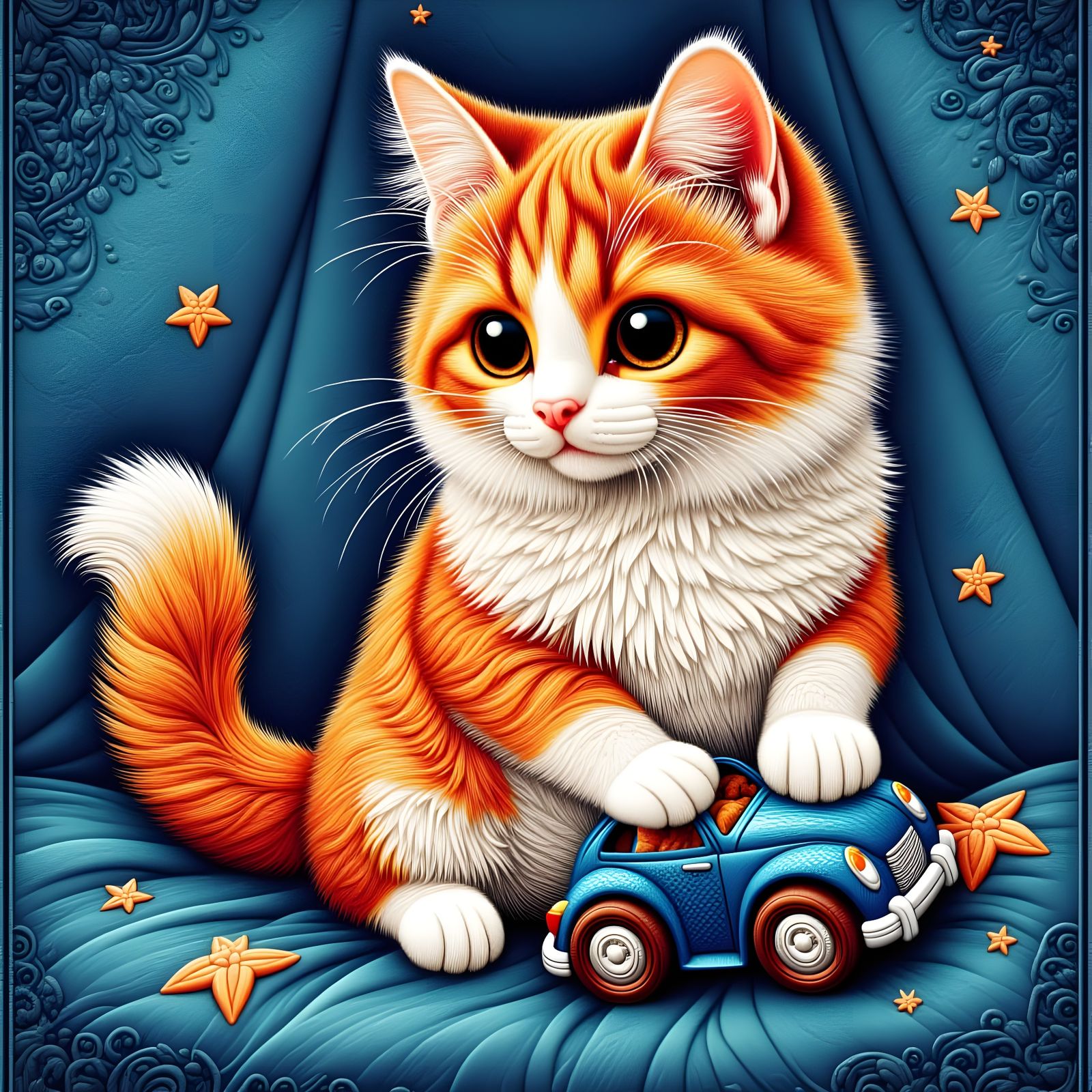Cute Kitten Playing with Toy Car on Velvet
