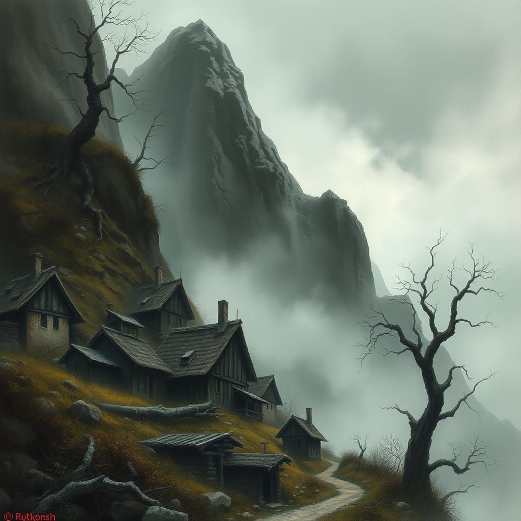 Mystical Village on Misty Mountain Slope