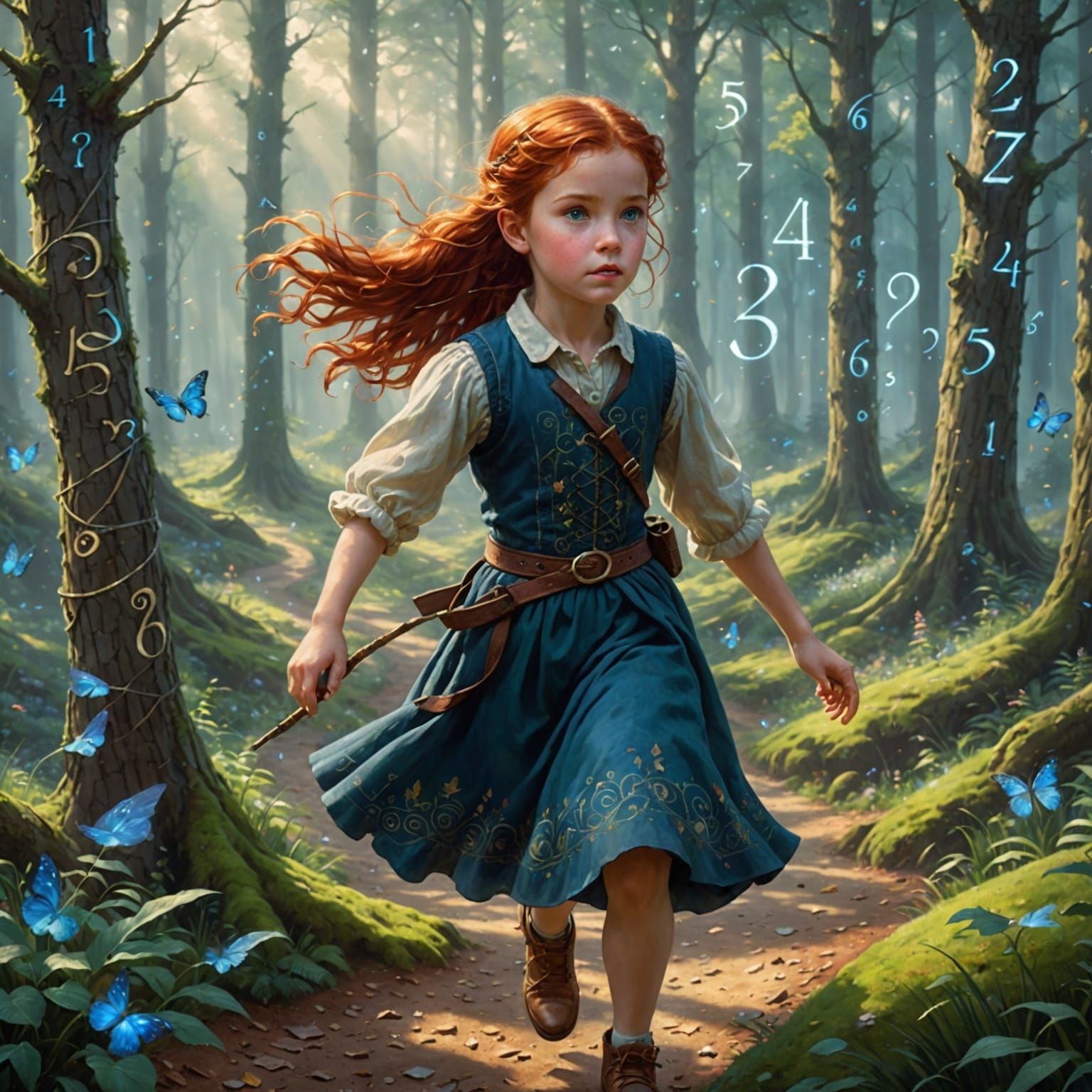 Whimsical Girl Skipping Through Enchanted Forest of Numbers