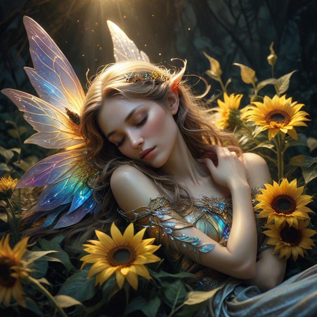 Surreal Fantasy Scene of a Sleeping Elf Girl in Hyperrealist...