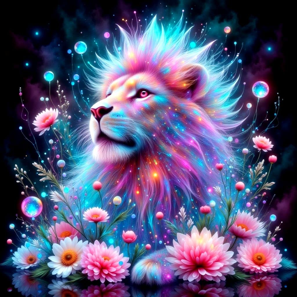 Neon Glass Lion in Floral Halo