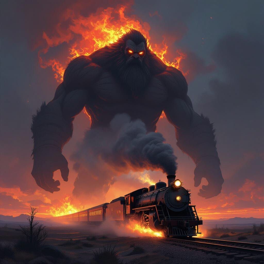 Fire Giant Dominates Fiery Locomotive in Fantasy Art Style