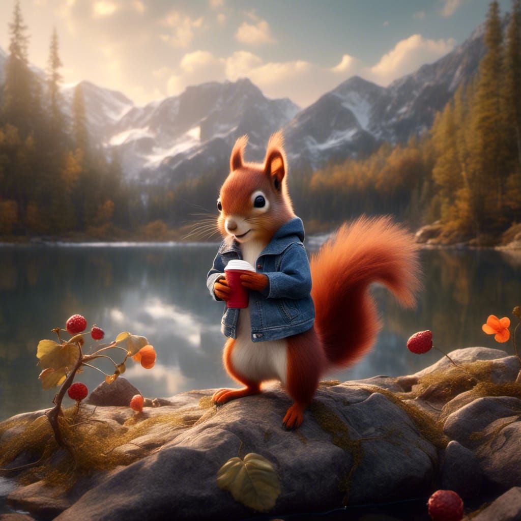 Red Squirrel in Denim Jacket by Mountain Lake