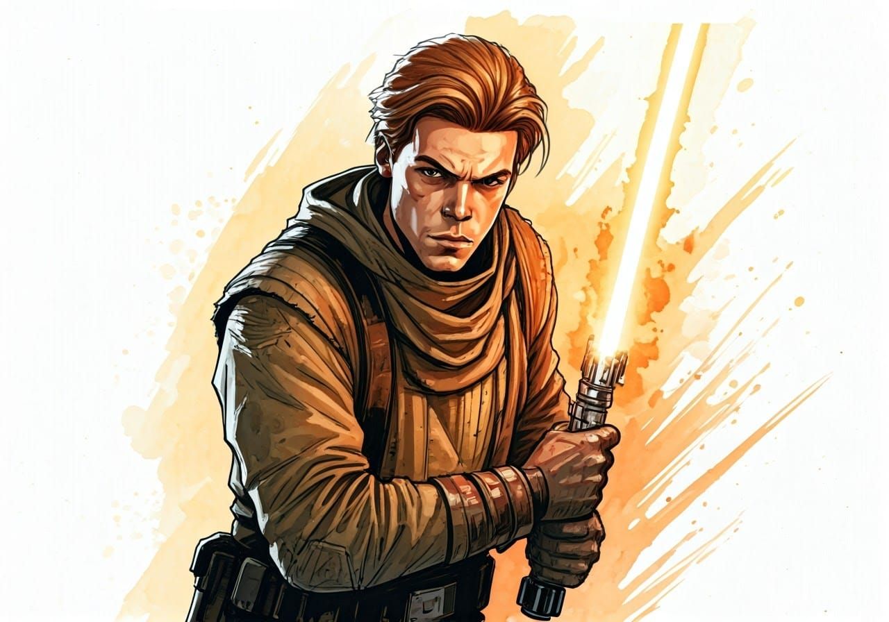 Cal Kestis Lightsaber Ink Drawing in Comic Book Style