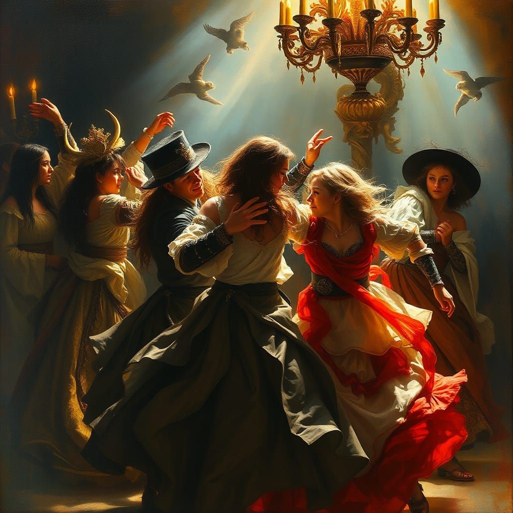 Dramatic Baroque Dance Scene with Theatrical Lighting