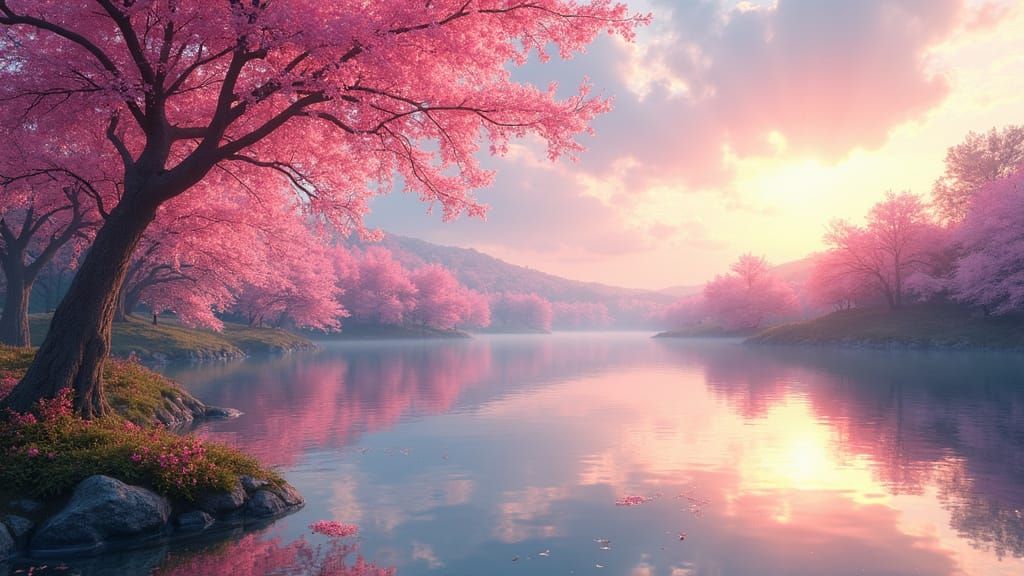 Serene Lake Scene in Vibrant Anime Style