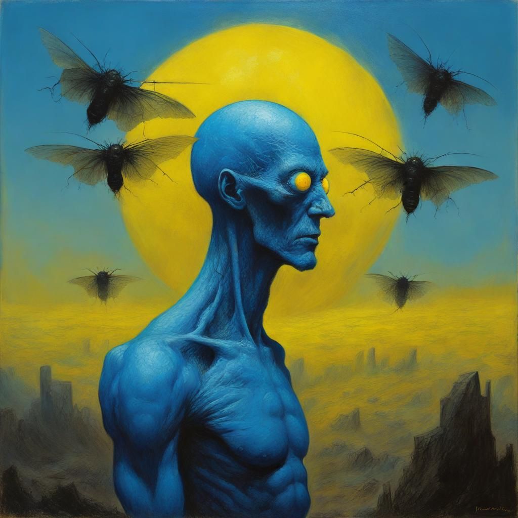 Sinister Blue Humanoid Head with Fly Eyes