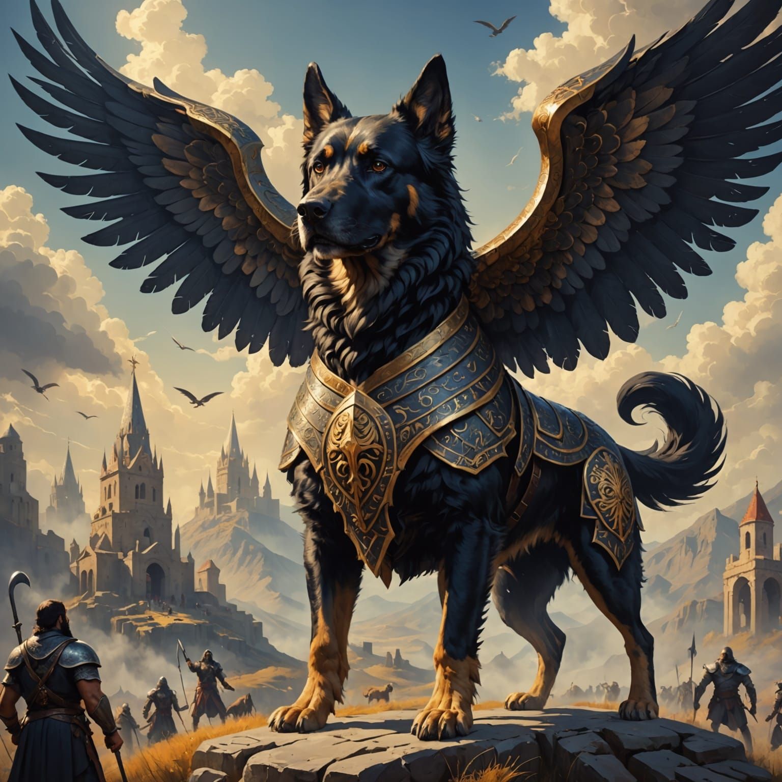 Giant Mythological Winged Dog Helps Warriors to Heaven